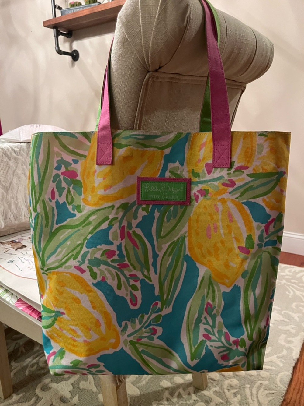 Lilly Pulitzer Lemon Print Tote with Pink Handles and Green Accents